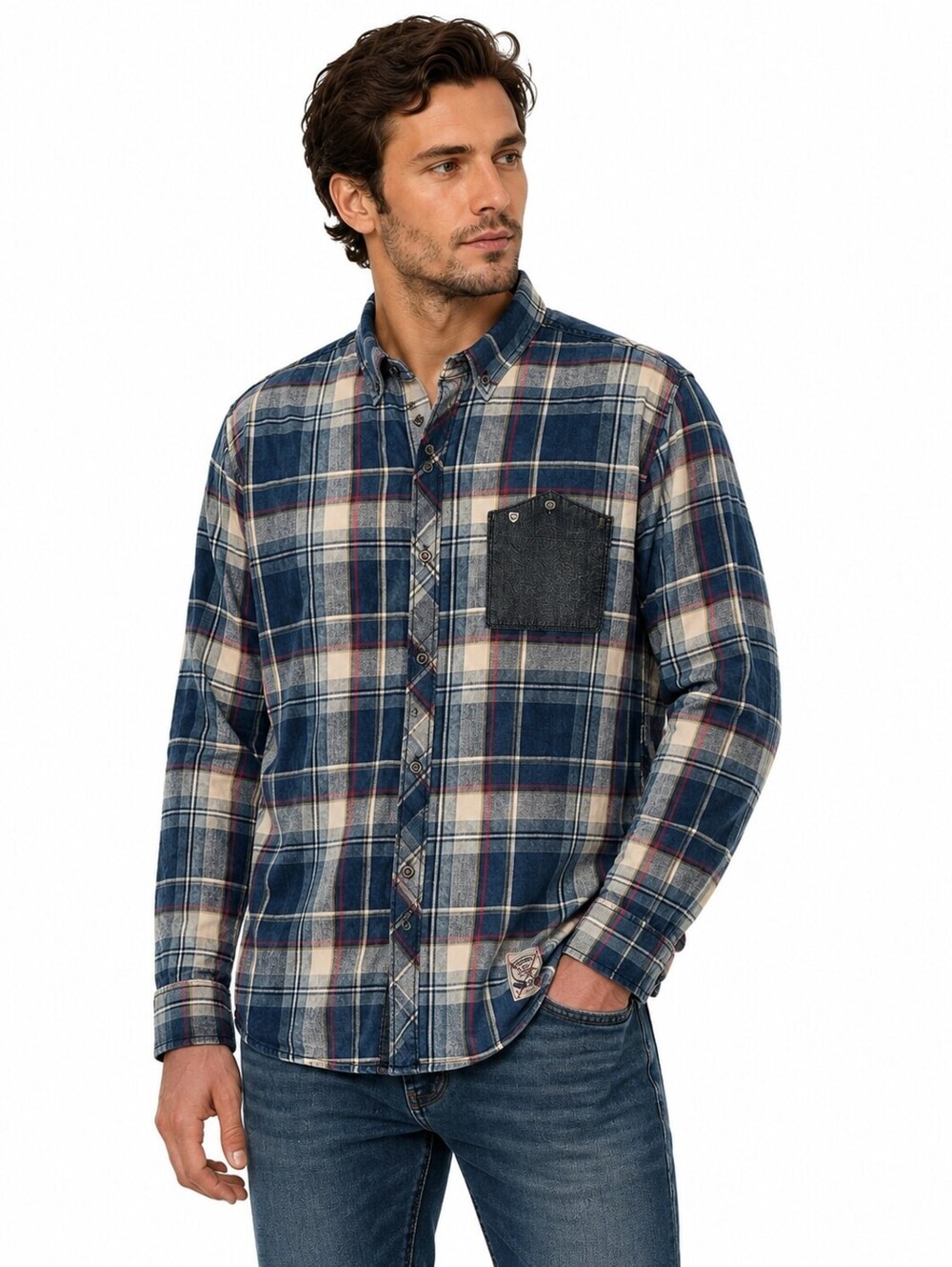 Buffalo David Bitton Men’s Plaid Shirt Blue Cream 100% Cotton Long Sleeve- XL/TG